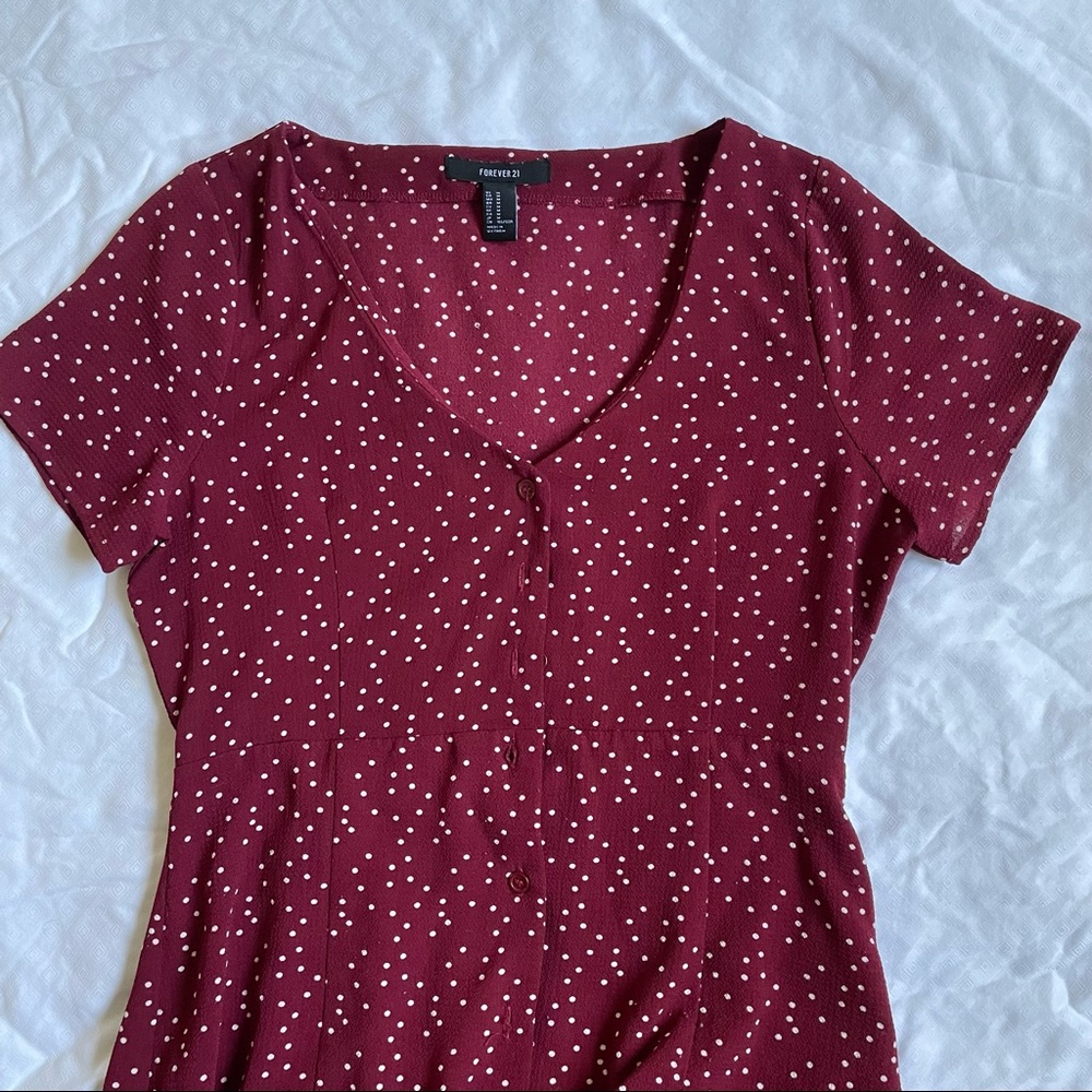Flowy burgundy dress with white polka dots